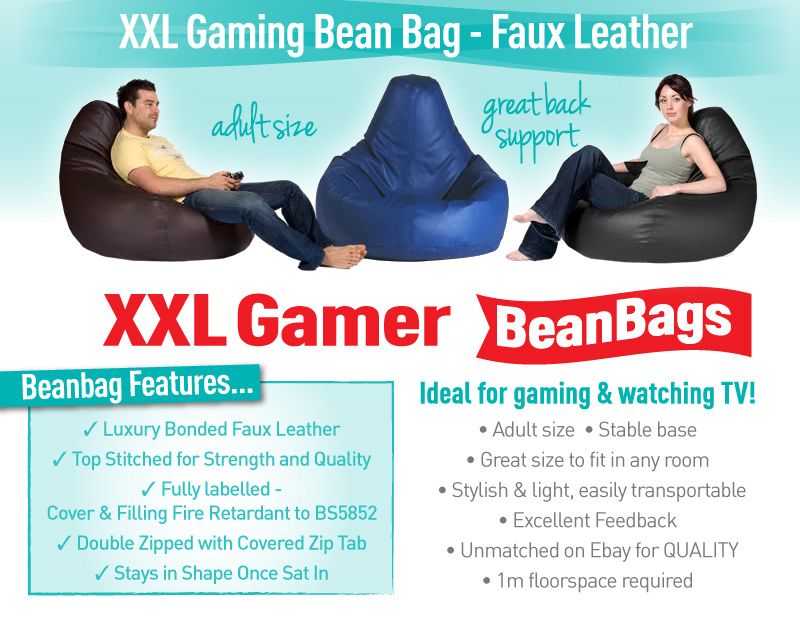 BEANBAG GAMER Chair ADULT GAMING Bean Bag Faux Leather Game XXL Seat