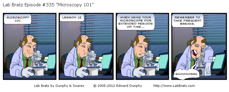 Lab Bratz #335: Microscopy 101, Mike falls asleep at the Microscope.